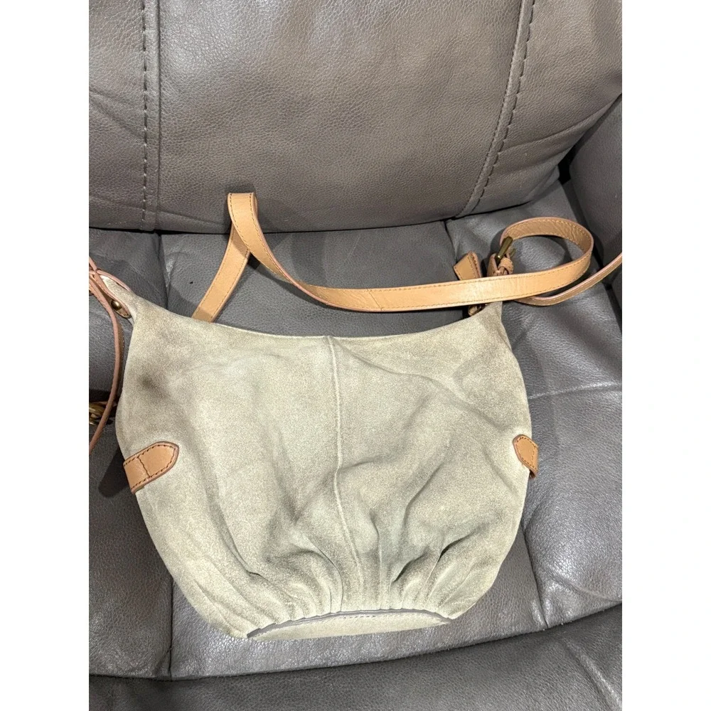 Holding Horses Anthropologie Grey Suede Leather Braided Crossbody Hobo 8